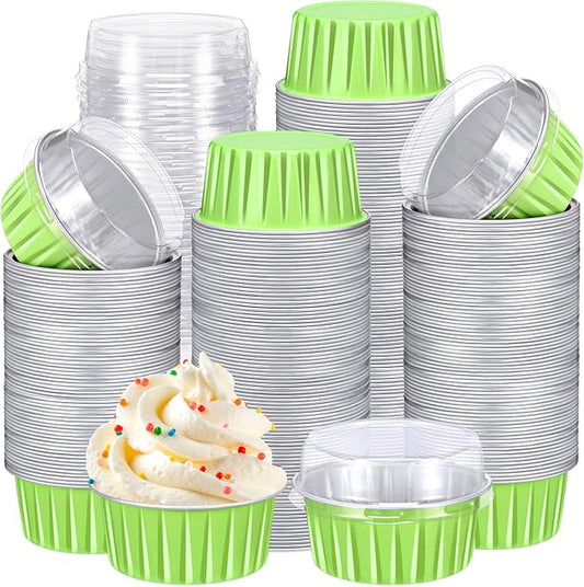 Gejoy 400 Pcs Aluminum Foil Baking Cups with Lids 5 oz Disposable Ramekins Mini Cake Pans Creme Brulee Cupcake Liners Muffin Tins Flan Mold Dessert Container for Wedding(Green,Classic)