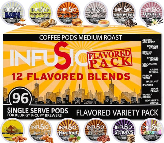 InfuSio Flavored Coffee Pods Variety Pack – 96 Count, 12 Gourmet Medium Roast Dessert-Inspired Blends like Bananas Foster & Crème Brûlée, Compatible with Keurig K-Cup 2.0 Brewers