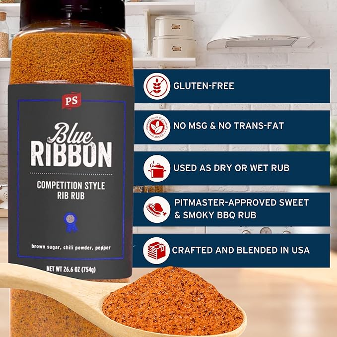 PS Seasoning Blue Ribbon Rib Rub- Sweet & Smoky Competition Style BBQ Seasoning for Smoking and Grilling- Kansas City Spice Blend Dry BBQ Rub for Prime Rib, Steaks, Pork, Chicken, Beef Brisket, 26.6oz