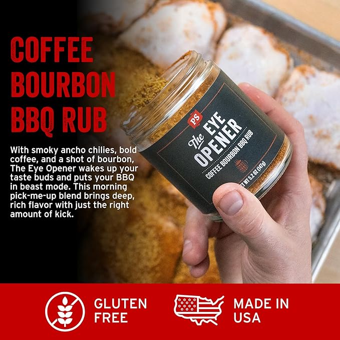 PS Seasoning The Eye Opener - Coffee Bourbon BBQ Seasonings and Rubs for Smoking, Grilling, Baking - Coffee Rub Seasoning, BBQ Rubs and Spices for Grilling Ribs, Tri Tip, Brisket, Pulled Pork, 5.2oz