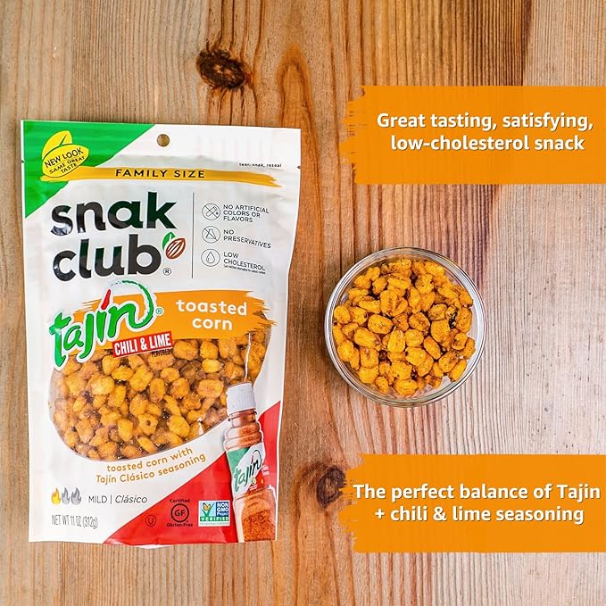 Snak Club Tajin Toasted Corn, Roasted Corn Nuggets with Chili and Lime Seasoning, Mild, Non-GMO, Gluten-Free, Kosher Snack, No Artificial Colors or Flavors, Low Cholesterol, 11 oz Resealable Bag
