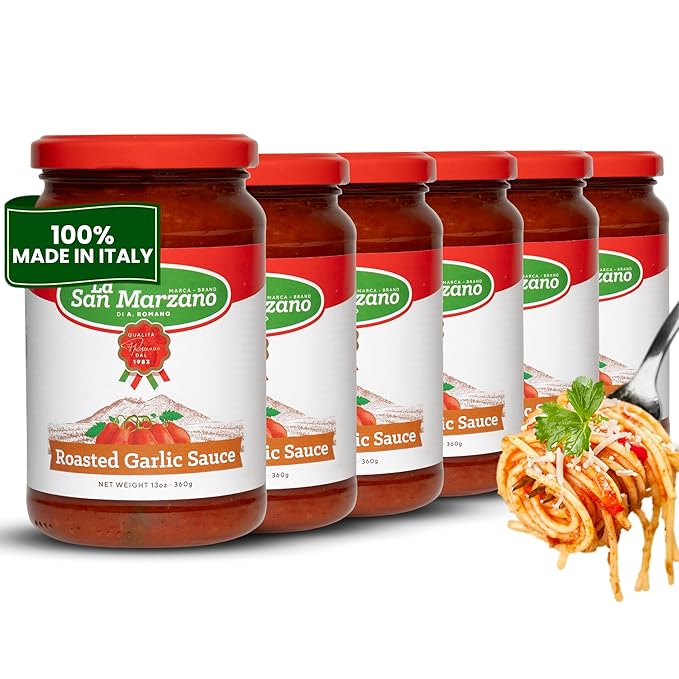 La San Marzano Roasted Garlic Sauce, 13 oz, Pasta Sauce Made in Italy, All Purpose Tomato Premium Quality, All Natural, Mediterranean Diet, Non GMO, Vegan, Gluten Free