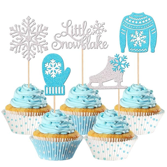 30 PCS Snowflake Cupcake Toppers Glitter Skate Shoe Gloves Sweater Cupcake Picks for Snowflake Theme Winter Wonderland Baby Shower Birthday Merry Christmas Party Cake Decorations Supplies