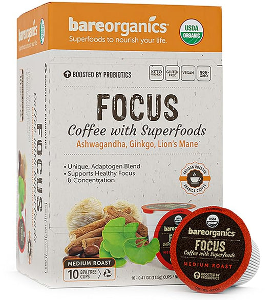BareOrganics 13180 Focus Coffee with Superfoods, Organic Probiotic Coffee, 10 Single Serve Cups