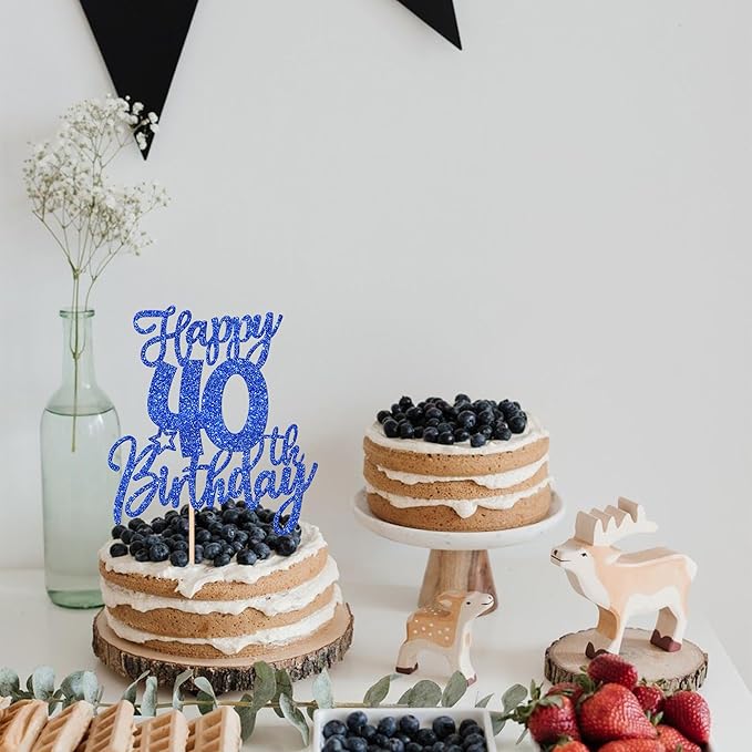 1 PCS Happy 40th Birthday Cake Topper Glitter Cheers to 40 Years Birthday Cake Pick Forty Hello 40 Fabulous Cake Decoration for Happy 40th Birthday Anniversary Party Decorations Supplies Blue