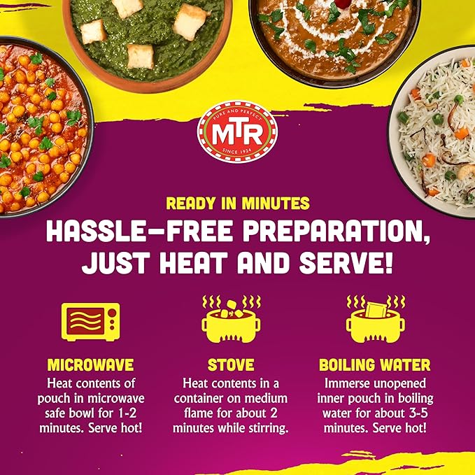 MTR Ready-To-Eat: Maharaja Pack - Assorted Pack of 4 (Chana Masala, Dal makhani, Palak Paneer, Vegetable Pulao) - Authentic Indian Food with No Added Preservatives - Suitable for Vegetarians