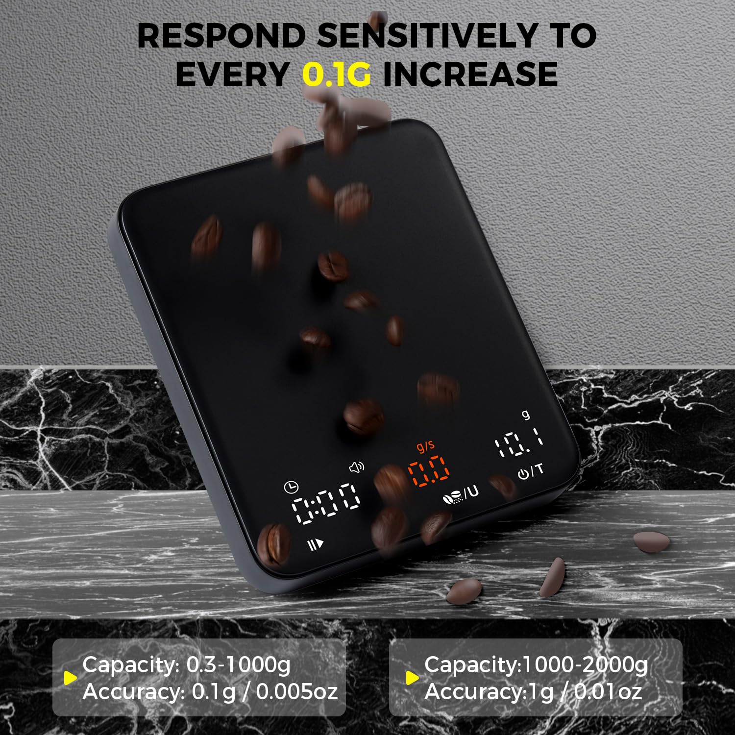 TIPRE Mini Espresso Coffee Scale with Timer & Flow Rate, 2kg/0.1g Precision Digital Coffee Scale
