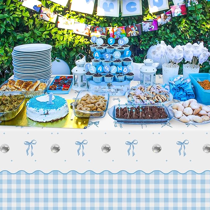 Coquette Blue Bow Party Tablecloths - 3Pcs Watercolor Blue Bow Birthday Table Cover, Disposable Plastic Rectangular Table Cloth Party Decorations for Birthday Baby Shower Wedding Supplies