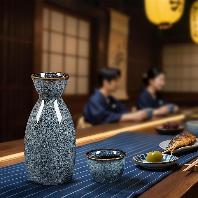 DUJUST 5 pcs Japanese Sake Set, Kiln Altered Glaze Porcelain Sake Set, 1 Bottle, 4 Cups & 1 Gift Box, Warm Carafe, Special Japanese Gift Set - blue