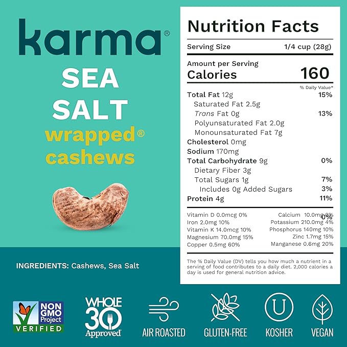 Sea Salt Wrapped Whole Cashews by Karma Nuts, Air Roasted with Natural Skins, 2X more Fiber, Whole 30, Peanut-Free Facility, Kosher, Everyday Nut Snack, 7oz Resealable Bag - 6 pack