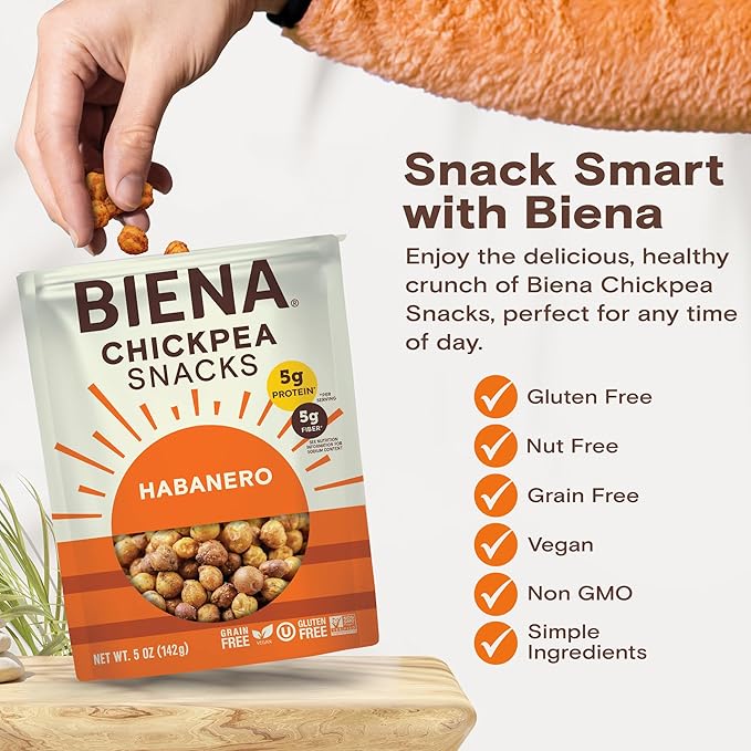 BIENA Chickpea Snacks - Crunchy Roasted Chickpeas - High Fiber Vegan Protein Snacks for Adults and Kids - 4-Pack, 5 Ounce - Habanero