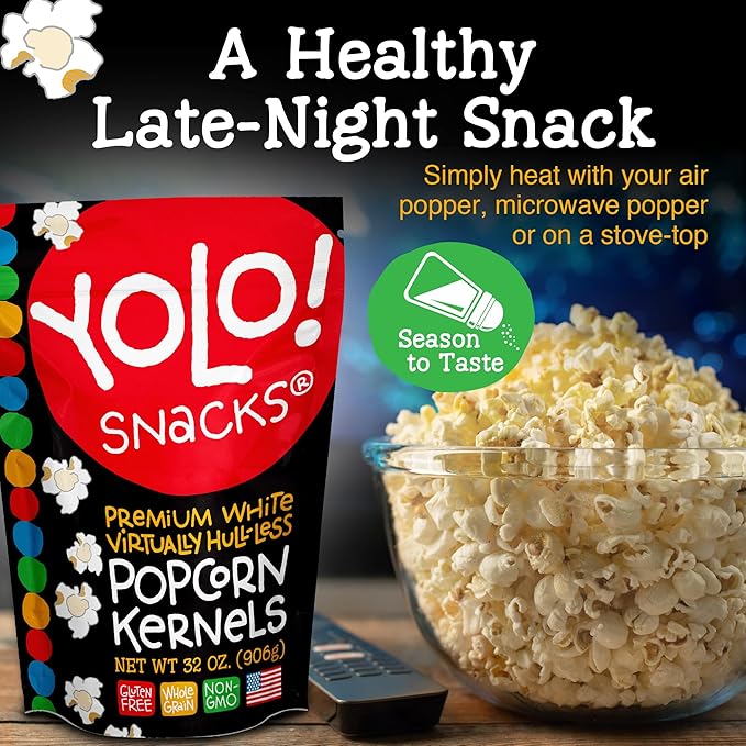 YOLO! Gourmet Virtually Hulless Popcorn Kernels, Premium White Butterfly Popping Corn, Non GMO, Gluten Free, Vegan, 32 Oz Resealable Bag (Pack of 1)