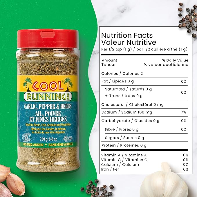 Cool Runnings Garlic, Pepper, and Herbs Seasoning 250g ??Perfect Blend of Spices and Herbs for Enhancing Meats, Seafood, Vegetables, and Pastas