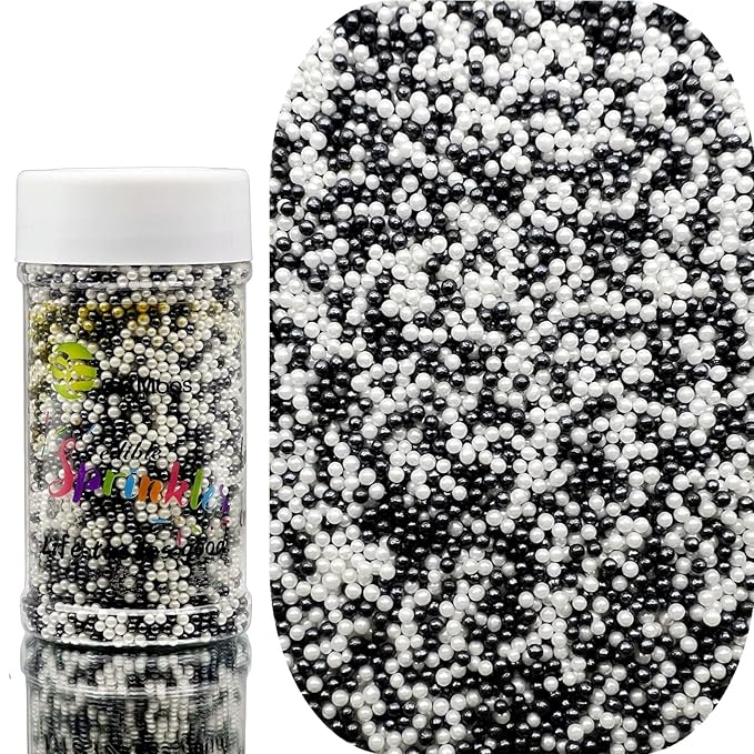 SE Si&Moos Nonpareil Sprinkles, 2mm Black and White Mini Edible Pearls White and Black Sprinkles for Cake Decorating Halloween Cookie Decorations Wedding Shower Party Christmas Holiday Supplies 3.5 OZ
