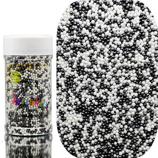 SE Si&Moos Nonpareil Sprinkles, 2mm Black and White Mini Edible Pearls White and Black Sprinkles for Cake Decorating Halloween Cookie Decorations Wedding Shower Party Christmas Holiday Supplies 3.5 OZ