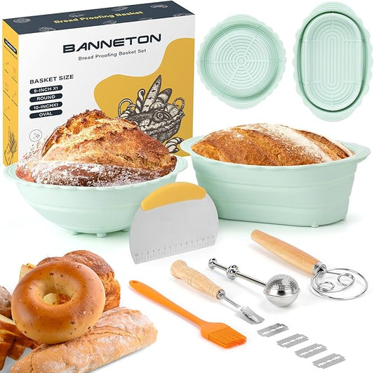 Neddie Upgraded Silicone Banneton Bread Proofing Basket, Sourdough Bread Baking Supplies Set of 2,9 Inch Round & 10 Inch Oval Foldable Sourdough Baking Baskets, Sourdough Starter Kit(Green)