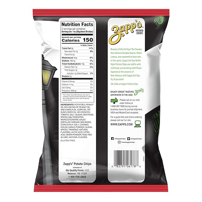 Zapp's New Orleans Kettle-Style Potato Chips, Evil Eye Flavor, 5 Oz. Bag (Pack of 12) - Crunchy Chips With a Kick, Great for Lunches or Snacking On The Go
