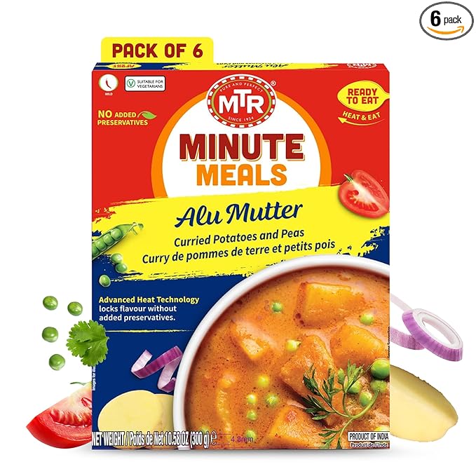 MTR - Minute Meals: Aloo Mutter - Curried Potatoes and Peas - Authentic Indian Ready-to-Eat Meal with No Added Preservatives - A Quick Meal Suitable for Vegetarians, Ready in Minutes! (Pack of 6)