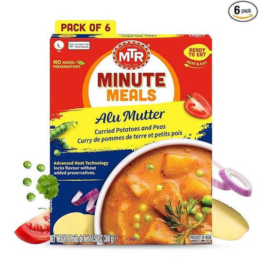 MTR - Minute Meals: Aloo Mutter - Curried Potatoes and Peas - Authentic Indian Ready-to-Eat Meal with No Added Preservatives - A Quick Meal Suitable for Vegetarians, Ready in Minutes! (Pack of 6)