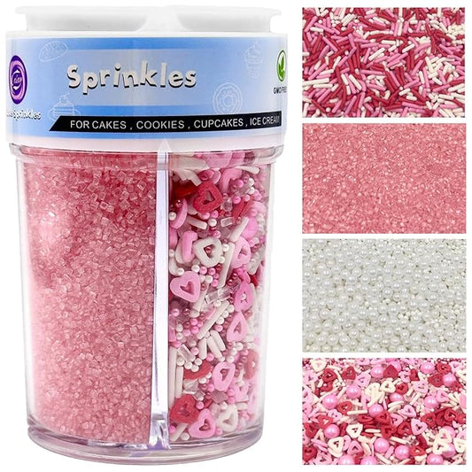 Valentines Sprinkles for Cake Decorating, 7oz Pink Heart Jimmies Pearl Sprinkles for Valentines Cookie Baking Cupcake Topping