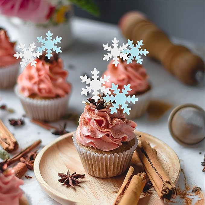 Rsstarxi 50 Pack Edible Snowflake Cupcake Toppers Baby Shower Cake Decorations Winter Frozen Snowflake Cake Toppers for Winter Theme Kids Birthday Party Cake Decorations Blue White