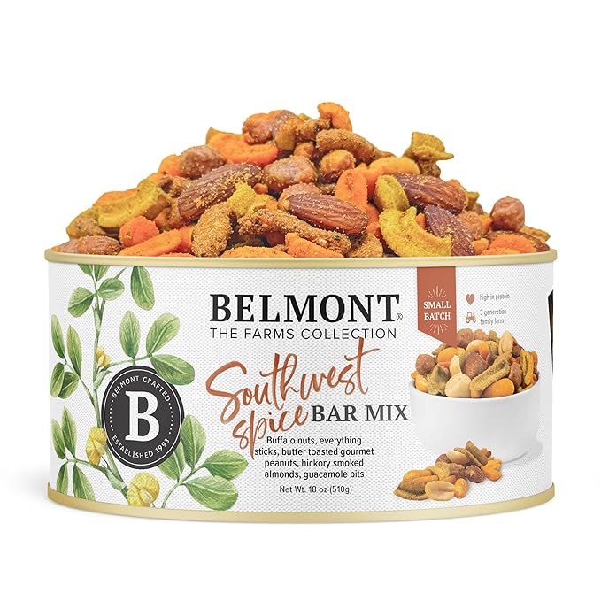 Belmont Peanuts Southwest Spice Bar Mix, 18 oz (1 Pack) ??Virginia Peanuts, Buffalo Nuts, Everything Sticks, Smoked Almonds and Guacamole Bits ??Simple Ingredients, No Preservatives, Hand Seasoned