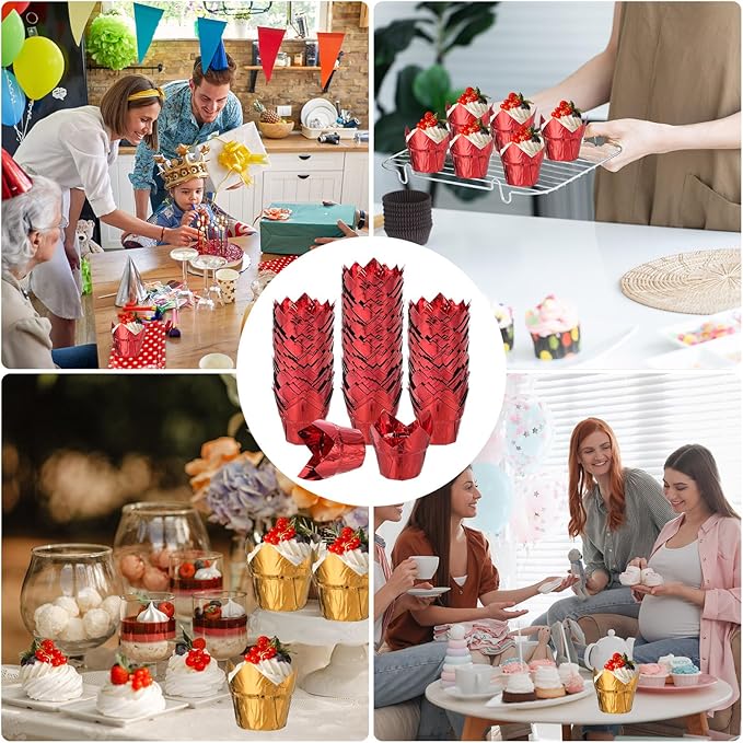 uxcell 100 Pcs Tulip Cupcake Liners, Muffins Liners Aluminum Foil Cupcake Wrappers Baking Cups Muffins Liners for Wedding Birthday Party Supplies, Red