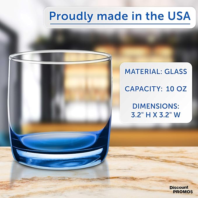 DISCOUNT PROMOS Whiskey Glasses 10 oz Set of 10, Bulk Pack - Heavy Base Old Fashioned Glass, Perfect for Scotch, Bourbon, Whiskey, Cocktail - Blue Bottom Color