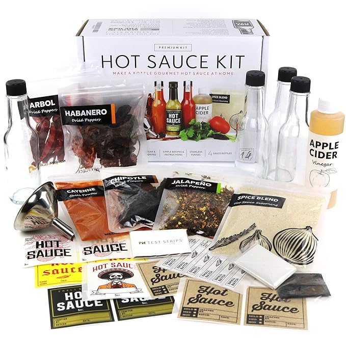 Premium Hot Sauce Making Kit, 5 Varieties of Peppers, Jalapeno Habanero, Gourmet Spice Blend, 4 Bottles, Fun Labels, Make your own hot sauce, DIY Gift for Dad (Premium Kit)