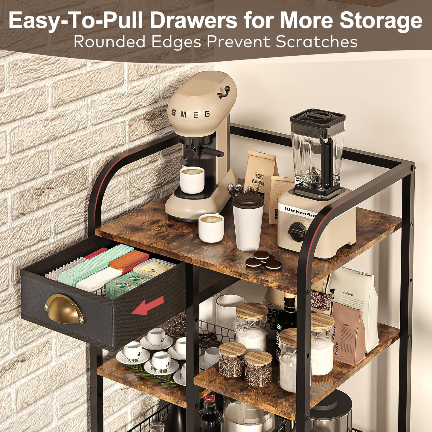 keomaisyto Coffee Cart with Storage Drawer, Coffee Bar Cabinet with Wheels, 4-Tier Adjustable