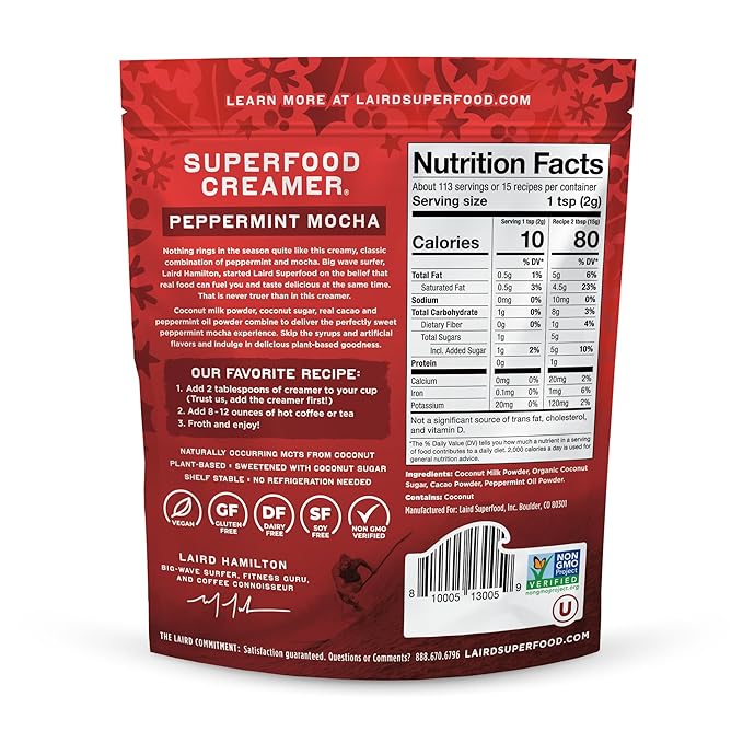 Laird Superfood Non-Dairy Original Superfood Peppermint Mocha Coconut Powder Coffee Creamer, Gluten Free, Non-GMO, Vegan, 8 oz. Bag, Pack of 1