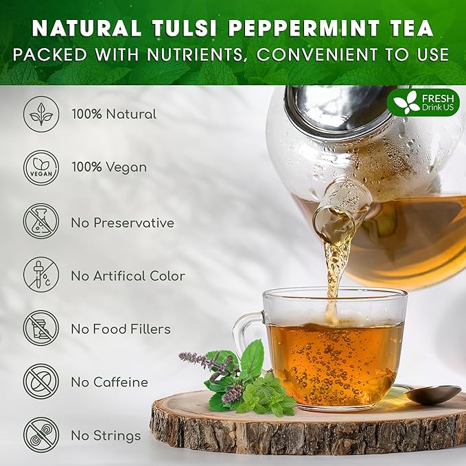 FreshDrinkUS, Premium Tulsi Peppermint Herbal Tea ??55 Tea Bags, 100% Natural, Blend of Tulsi Holy Basil Leaves, and Peppermint Leaves. Made with Natural Material Tea Bags. No Sugar, Vegan.
