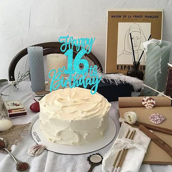 1 PCS Happy 16th Birthday Cake Topper Glitter Cheers to 16 Years Birthday Cake Pick Sixteen Sweet 16 Cake Decoration for Happy 16th Birthday Anniversary Theme Party Decorations Supplies Blue