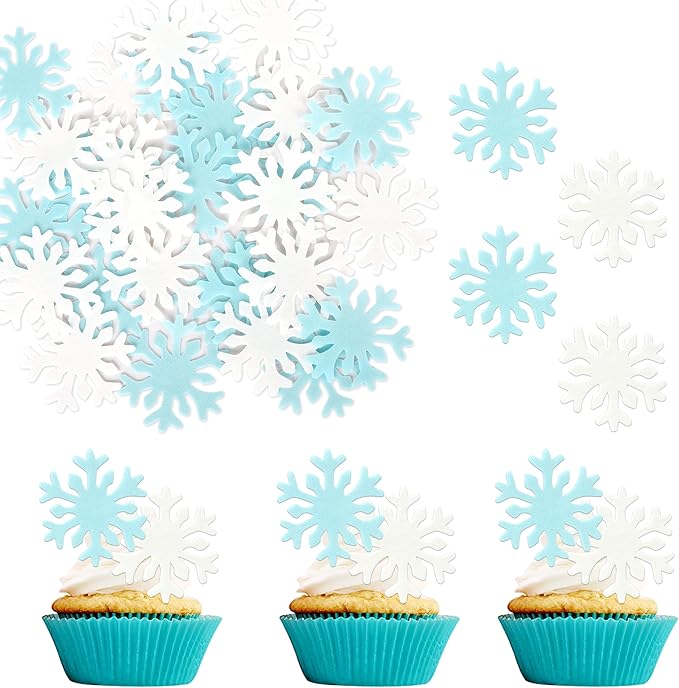 50 PCS Edible Snowflake Cupcake Toppers Edible Snowflake Frozen Cupcake Toppers Wafer Paper Frozen Party Decorations for Christmas Frozen Theme Birthday Party Cake Decorations Supplies Blue and White