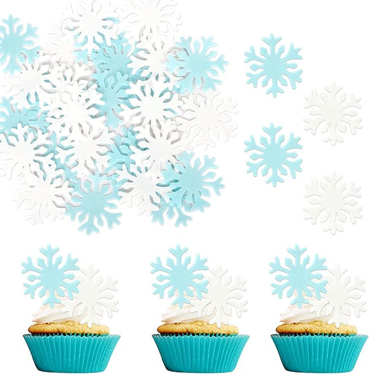 50 PCS Edible Snowflake Cupcake Toppers Edible Snowflake Frozen Cupcake Toppers Wafer Paper Frozen Party Decorations for Christmas Frozen Theme Birthday Party Cake Decorations Supplies Blue and White
