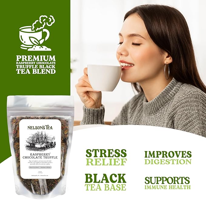 Nelson's Tea Raspberry Chocolate Truffle - Loose Leaf Black Tea with Raspberry Leaf, Rooibos, Truffle Essence, Carob Beans, Hibiscus & Chocolate Chips, Infused with Natural Flavors - 2 oz.