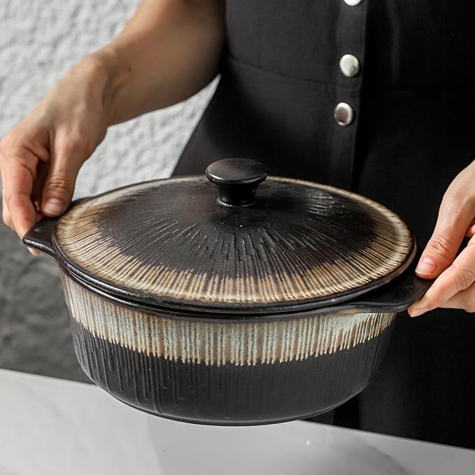 KOOV Ceramic Casserole Dish with Lid Oven Safe, 2 Quart Casserole Dishes, Covered Round Casseroles Dishes, 9 inch Baking dish With Lid, Deep Casseroles Cookware Set, Stripe Series (Rough Black)