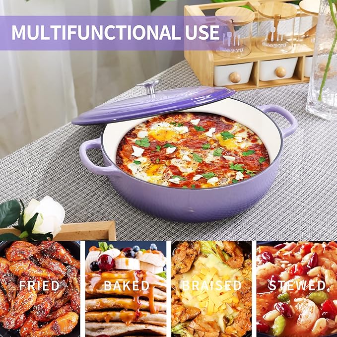 Enameled Cast Iron Dutch Oven Shallow Casserole Braiser with Dual Handle, 3.8 QT, Purple