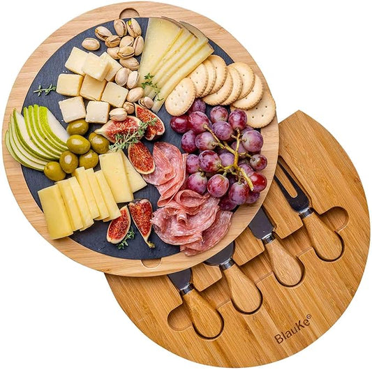 BlauKe Bamboo Cheese Board with Knife Set and Slate – 12 inch Round Charcuterie Board, Serving Tray, Platter, Wood Cheeseboard Set – Gift Idea