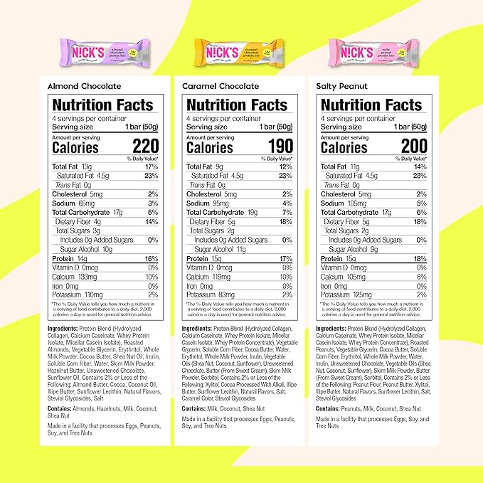 Nick?™s Variety Protein Bars ??24-Count Box |Salty Peanut, Caramel and Almond Chocolate, High Protein, Low Calories, Low Carbs, Keto Friendly, No Added Sugar