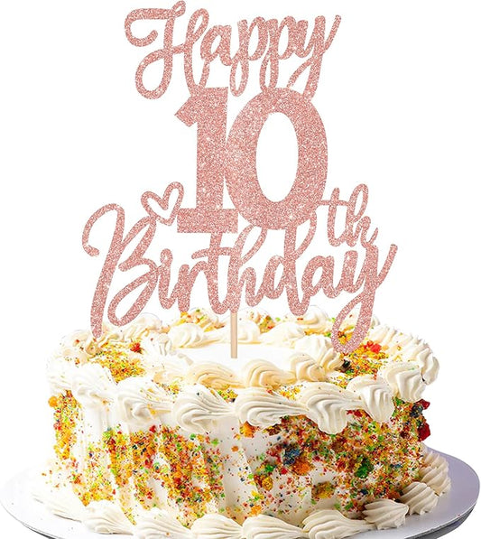 1 PCS Happy 10th Birthday Cake Topper Glitter Cheers to 10 Years Birthday Cake Pick Ten 10 Fabulous Cake Decoration for Happy 10th Birthday Anniversary Theme Party Decorations Supplies Rose Gold