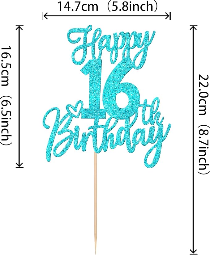 1 PCS Happy 16th Birthday Cake Topper Glitter Cheers to 16 Years Birthday Cake Pick Sixteen Sweet 16 Cake Decoration for Happy 16th Birthday Anniversary Theme Party Decorations Supplies Blue