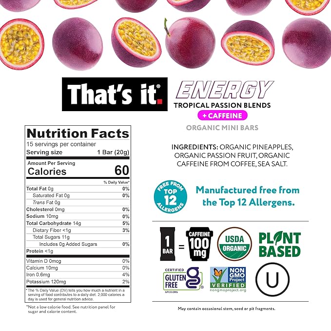 That?™s it. Fruit Blends Energy Mini Bars | 100mg Natural Caffeine | 18-Count Variety Pack| 5 each of Tropical Passion, Mango Lime, Piña Colada