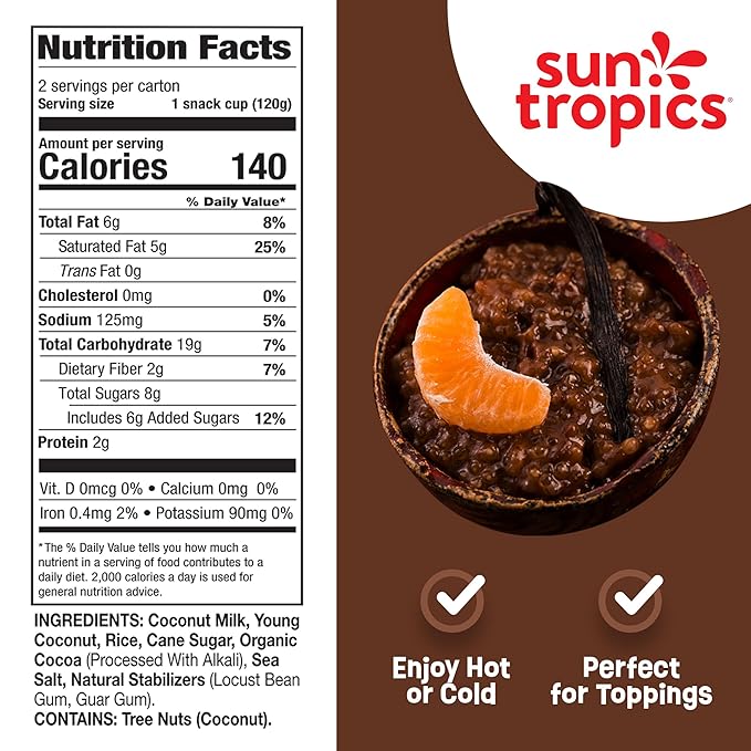 Sun Tropics Coconut Milk Rice Pudding Snack, Chocolate | Vegan Pudding, Dairy Free Pudding Snacks | Gluten Free, Low Sugar, Non-GMO | Ready-to-Eat Pudding Cups 8.46 Oz (Pack of 6)
