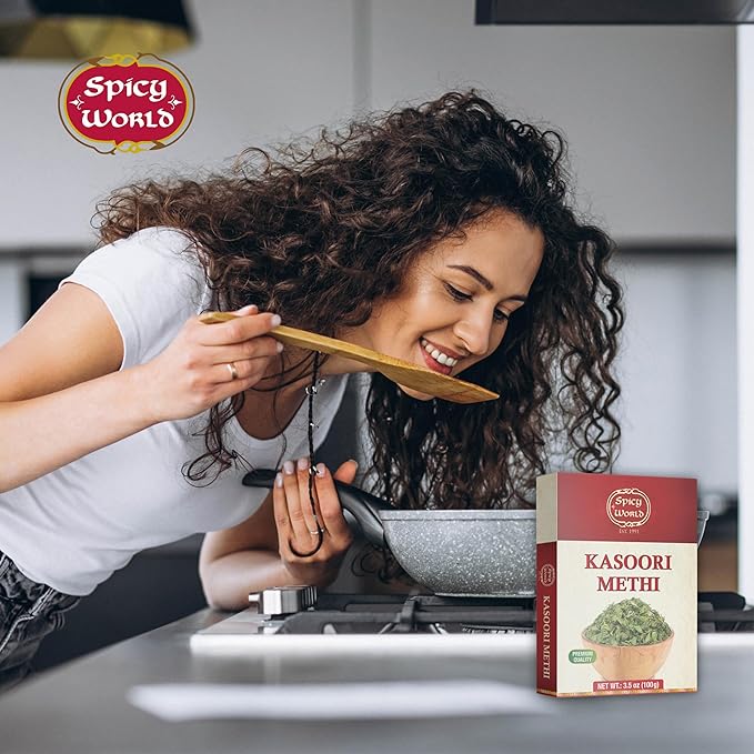 Spicy World Dried Fenugreek Leaves (Kasoori Methi) 3.5oz Box (100g) - All Natural | Vegan | Gluten Friendly | NON-GMO | Indian