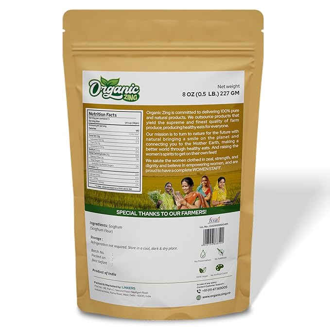 Organic Zing Pure and Organic Sorghum Flour | Organic Jowar Flour | Sorghum Flour Gluten Free | USDA Certified | Product of India - 227 gm (8 oz) Pack of 1