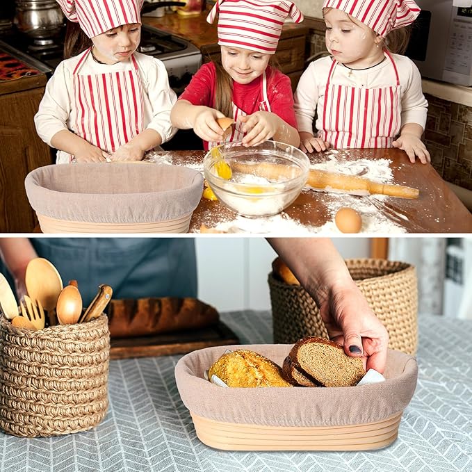 Gejoy 12 Set Bread Proofing Baskets Oval Shaped Banneton Dough Proofing Bowls Kit with Cloth Liner and Plastic Scraper Sourdough Proofing Basket for Home Sourdough Bakers Supplies (10 Inch)