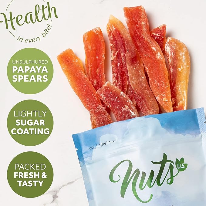 NUTS U.S. - Dried Papaya Spears (Unsulphured) | Low Sugar. Lightly Sugar Coated | No Color Added | Packed in a Resealable Bag!!! (4 LBS)