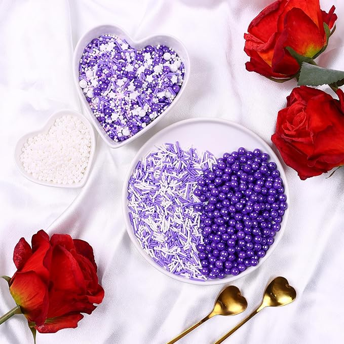 Sprinkles for Cake Decorating Edible Purple and White Jimmies Nonpareils Sugar Pearl Sprinkles Mix for Cookie Ice Cream Candy Chocolate Baking Cupcake Topping