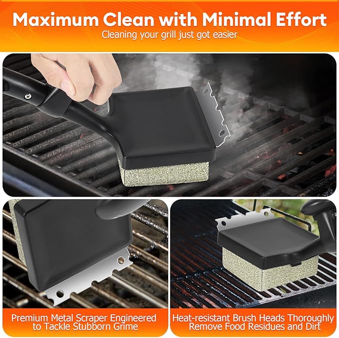 Bristle-Free BBQ Grill Brush & Scraper | Safe Cleaning Tool With 3 Replaceable Heads | Heavy Duty Stainless Steel Cleaner for Outdoor Grilling | Ideal for Charcoal and Gas Grills
